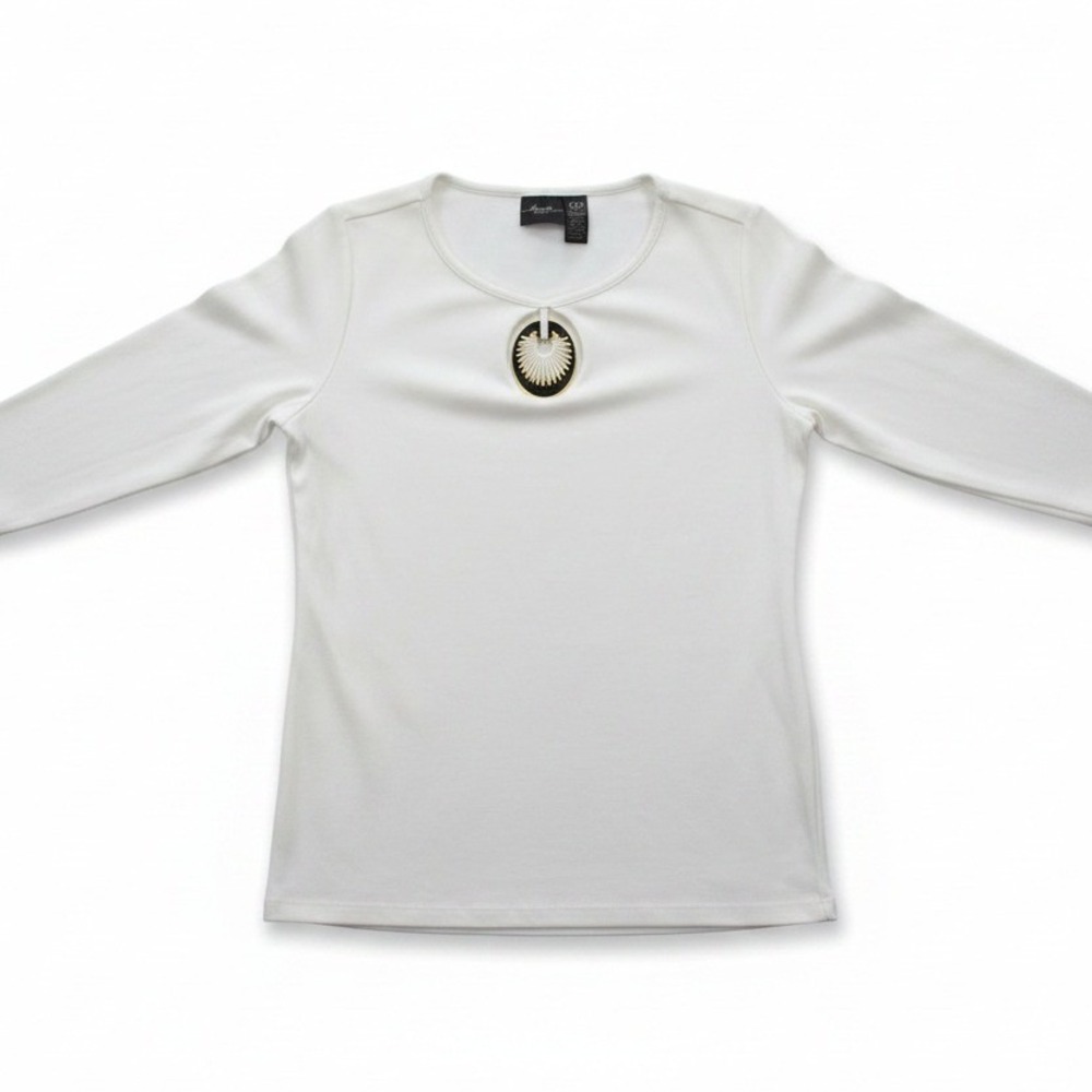 Travelers by Chico's Top Women 4P Chicos 0P White Embellished Keyhole 3/4 Sleeve